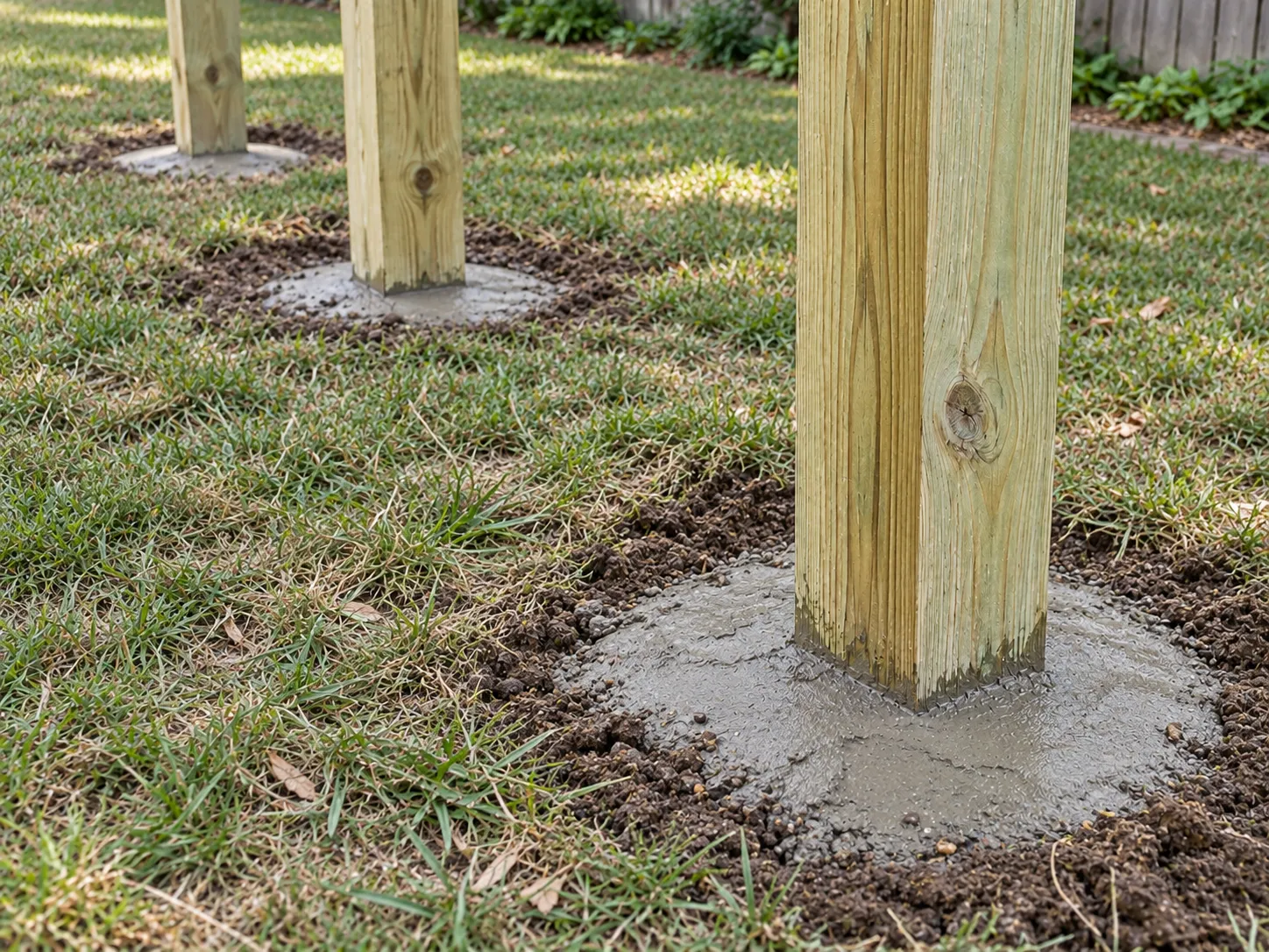 Timber fence posts set in fresh concrete footings along a lawn.