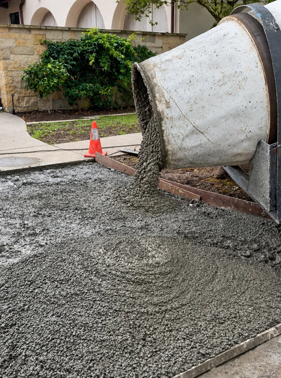 A mixer discharging fresh concrete into a formed slab.