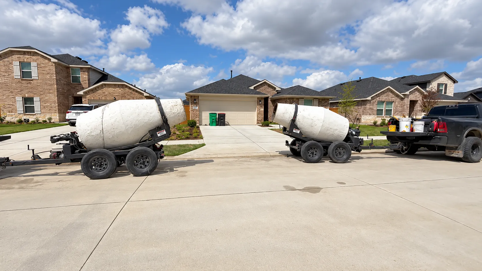 Two towable mixers set on a driveway, ready to pour.