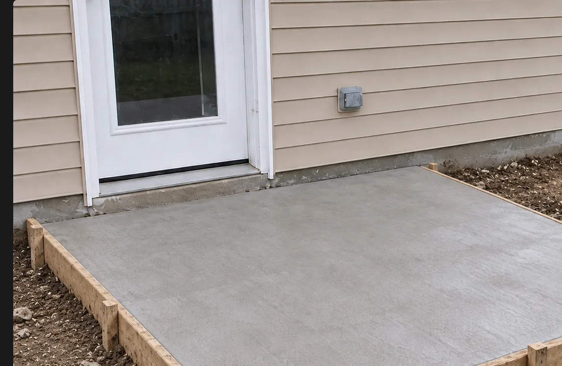 A freshly poured concrete patio in its forms outside a back door.