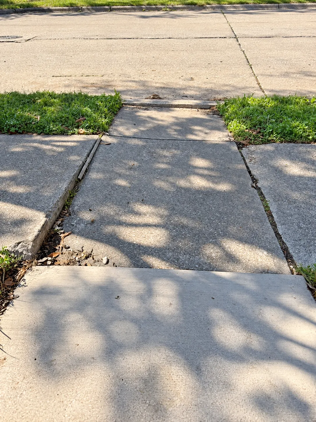 A sidewalk whose slabs have shifted to different heights, leaving a raised edge and a gap.