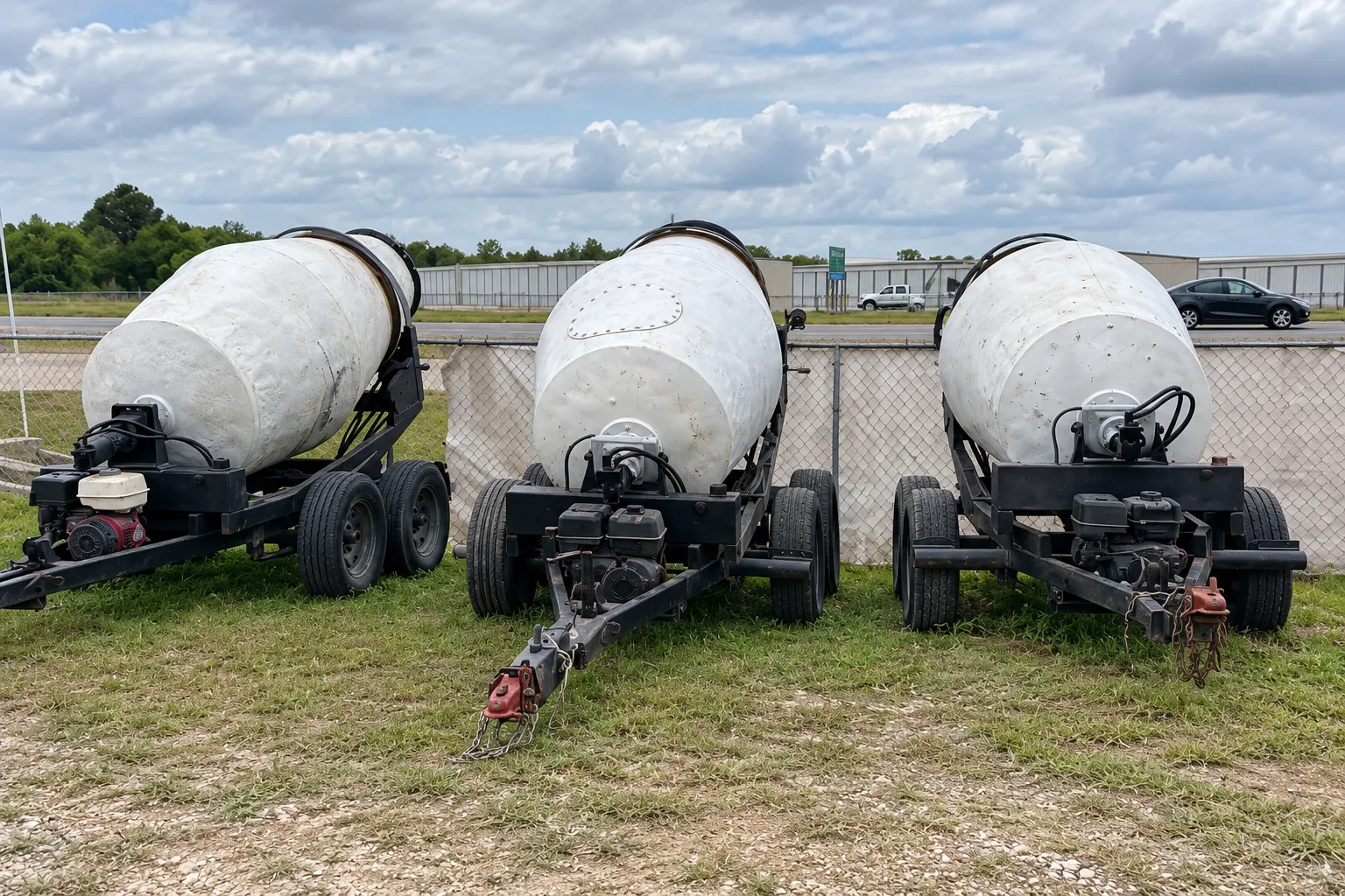 Three white towable concrete mixers parked side by side at the yard.
